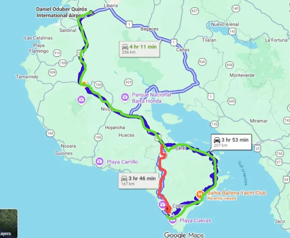 Picture shows route from Liberia airport to Santa Teresa in green, Shortcut marked in red but road will turn to dirt road and you must cross rivers along the way